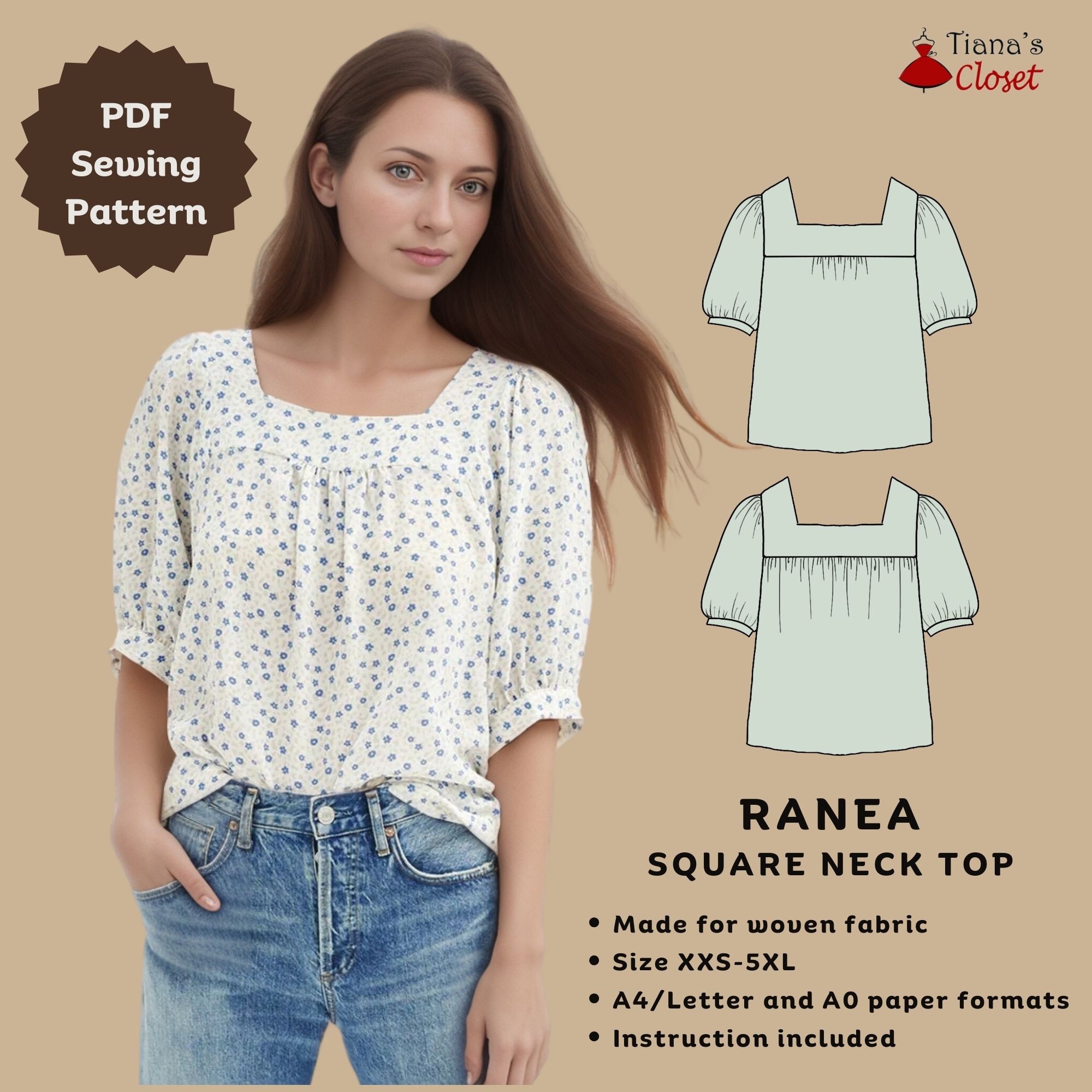 Ranea Square Neck Puffed Sleeve Top | Beginner Friendly Digital