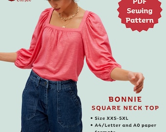 May include: A PDF sewing pattern for a square neck top called "Bonnie". The pattern includes sizes XXS-5XL and comes in A4/Letter and A0 paper formats. The pattern includes instructions.