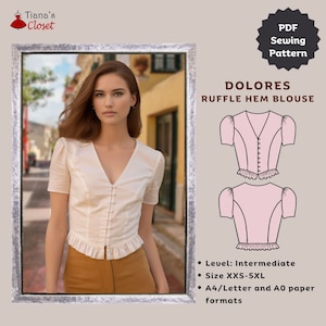 Dolores Ruffle Hem Blouse Sewing Pattern: Parisian Style Top (Instant Download PDF, sizes XXS-5XL)