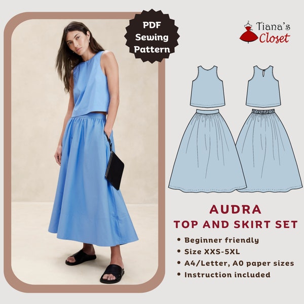 Ensemble haut court et jupe Audra - Patron de couture PDF | Modèle de vêtements de nuit simple | Patron de couture adapté aux débutants | Les modèles de garde-robe de Tiana