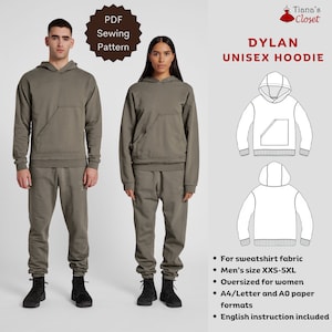 May include: A PDF sewing pattern for a unisex hoodie called "Dylan". The pattern includes instructions for making the hoodie in sizes XXS-5XL. The pattern is designed to be oversized for women and can be printed on A4/Letter or A0 paper.