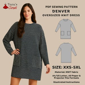 Peut inclure: Une femme porte une robe en tricot surdimensionnée à rayures noires et blanches avec deux poches avant. L'image comprend un patron de couture PDF pour la "Robe en tricot surdimensionnée Denver", tailles XXS-5XL, détails des matériaux et instructions illustrées.