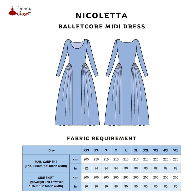 May include: A size chart for a balletcore midi dress pattern, showing fabric requirements in inches and centimetres for sizes XXS to 5XL. The chart lists the fabric requirements for the main garment and the side skirt.