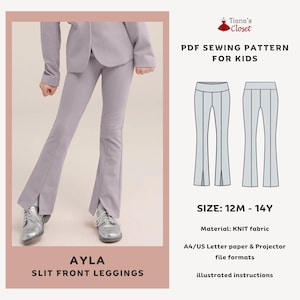 Op de afbeelding: PDF-naai-patroon voor kinderleggings met split voor, maten 12M-14Y. Het patroon bevat geïllustreerde instructies en is beschikbaar in A4/US Letter papier- en projectorformaten. Het patroon is voor breiwerk.
