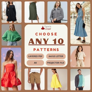10 PDF Sewing Pattern Bundle | Bulk Sewing Patterns | Blouse Sewing Pattern, Dress, Top, Skirt, Shorts, Pants | Best Seller Sewing Patterns