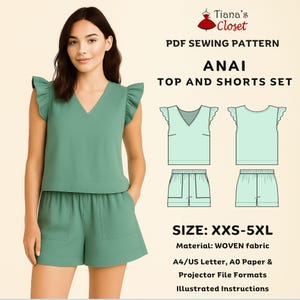 Anai Top and Shorts Set Digital Sewing Pattern: V Neck Top w/ Ruffles, Elastic Waist Shorts w/ Patch Pocket, Layered PDF, Size XXS-5XL
