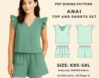 May include: A woman models a green top and shorts set. The top has a V-neck and ruffled sleeves. The shorts have pockets. The image includes a PDF sewing pattern for the "ANAI TOP AND SHORTS SET" in sizes XXS-5XL. The material is woven fabric.