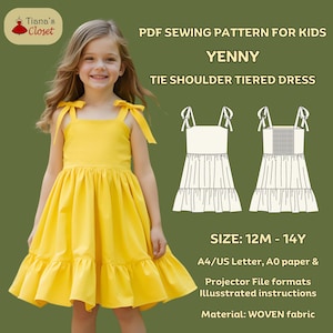 Yenny tie shoulder tiered dress - PDF sewing pattern for kids | Digital dress pattern for girls | Size 12 months to 14 years