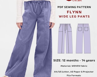 May include: A pair of wide-leg pants in a periwinkle blue color. The pants have an elastic waistband with a drawstring, front pockets, and a relaxed fit. The image also includes a PDF sewing pattern for the "Flynn Wide Leg Pants" in sizes 12 months to 14 years.