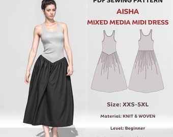 Naaipatroon Aisha Mixed Media midi-jurk: gebreid en geweven beginners (pdf)