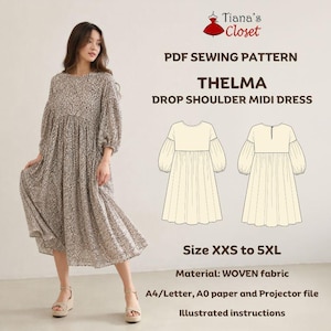 Puede incluir: Un patrón de costura en PDF para el vestido midi Thelma con hombros caídos de Tiana's Closet. La imagen muestra un vestido midi con estampado de leopardo, mangas largas y falda fruncida, junto a dibujos técnicos de frente y espalda.