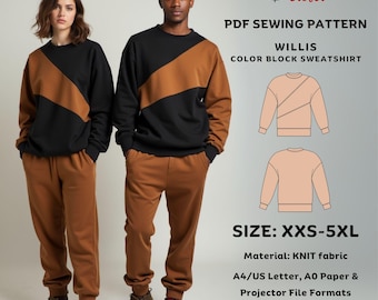 Willis sweatshirt PDF sewing pattern | Digital pattern for men | Unisex knit top | Size XXS-5XL | Asymmetrical color block sweatshirt