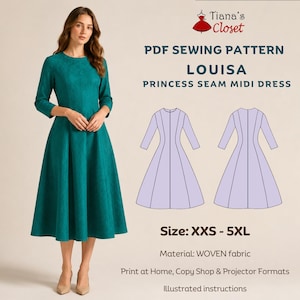 Peut inclure: Un patron de couture PDF pour la robe midi à coutures princesse Louisa de Tiana's Closet. L'image montre une robe midi bleu sarcelle à manches trois-quarts, des dessins au trait de la robe et le texte Size: XXS - 5XL et Material: WOVEN fabric.