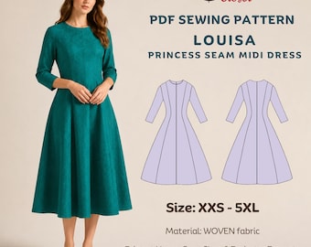 May include: A PDF sewing pattern for the Louisa princess seam midi dress by Tiana's Closet. The image shows a teal midi dress with three-quarter sleeves, a line drawings of the dress, and text including Size: XXS - 5XL and Material: WOVEN fabric.