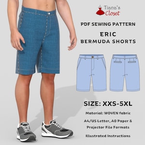 May include: A PDF sewing pattern for Eric Bermuda Shorts. The pattern includes instructions and is available in sizes XXS-5XL. The pattern is for woven fabric and can be printed on A4, US Letter, A0 paper, or projector file formats.