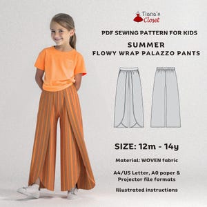 May include: A young girl wearing an orange t-shirt and orange and brown striped palazzo pants. The image includes a sewing pattern for kids' summer flowy wrap palazzo pants. The pattern is available in sizes 12 months to 14 years.
