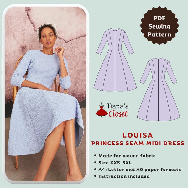 Louisa Prinzessin Naht Midikleid - PDF Schnittmuster | Digitales Schnittmuster für Frauen | Schnittmuster | Elegantes Kleiderschnittmuster