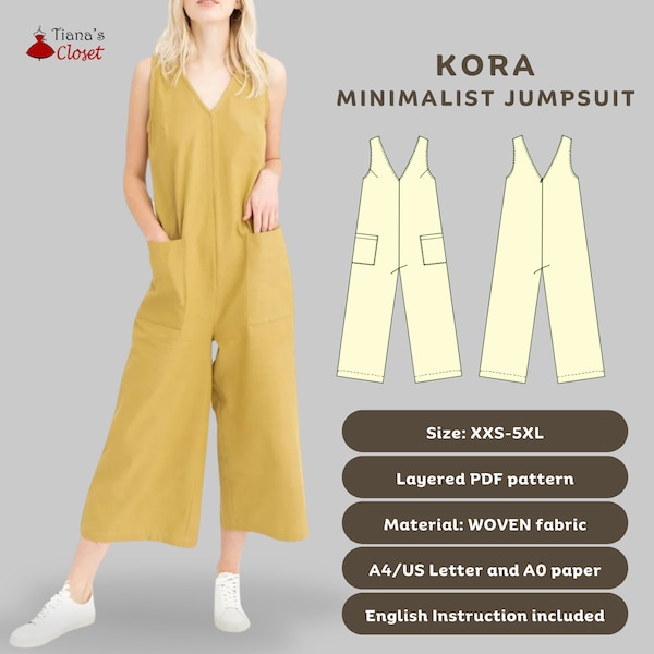 Minimalist jumpsuit sewing pattern | Kora V neck loose fit jumper | Digital pattern for women | Printable PDF sewing pattern | Tianas Closet