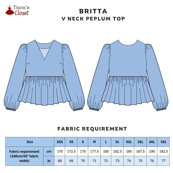 Britta Peplum Blouse Sewing Pattern: V-neck Long Sleeve (PDF