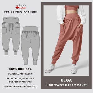 以下が含まれることがあります： ハイウエスト・ハーレムパンツのデジタル裁縫パターン。パターンには、XXS-5XLのサイズに対応する指示が含まれており、A4、USレター、A0用紙、プロジェクター形式で入手できます。パターンはニット生地用で、英語の説明が含まれています。