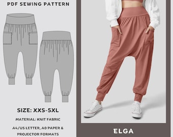 May include: A digital sewing pattern for high-waisted harem pants. The pattern includes instructions for sizes XXS-5XL and is available in A4, US Letter, A0 paper, and projector formats. The pattern is for knit fabric and includes English instructions.