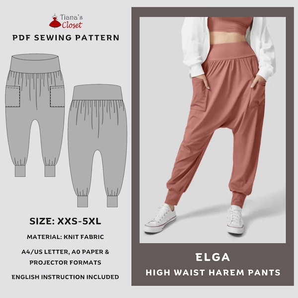 Elga high waist harem pants - PDF sewing pattern | Digital sewing pattern for women | Easy lounge pants | Beginner friendly sewing pattern