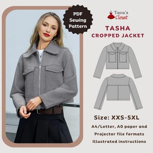 Patrón de costura en PDF para chaqueta Tasha / Descarga instantánea / Chaqueta fácil para principiantes / Tallas XXS a 5XL / Formato de archivo A4/US Letter, A0 y para proyector