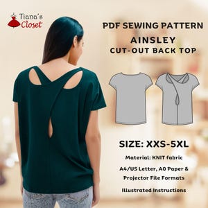 Può includere: Modello di cucito PDF per una canotta con schiena a taglio chiamato Ainsley. Il modello è disponibile nelle taglie XXS-5XL e include istruzioni per cucire con tessuto a maglia. Il modello è disponibile nei formati A4/US Letter, A0 Paper e Projector File.