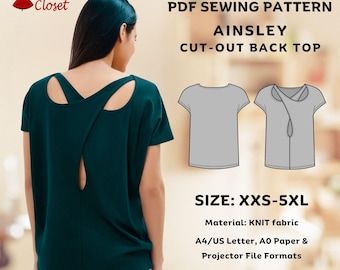 Patrón de costura para camiseta Ainsley con espalda recortada: ideal para principiantes, tallas XXS-5XL, patrón en PDF con capas, descarga instantánea