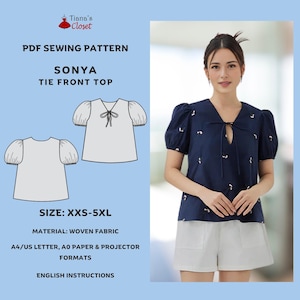 Sonya Puffed Sleeve Tie Front Blouse Sewing Pattern (PDF)