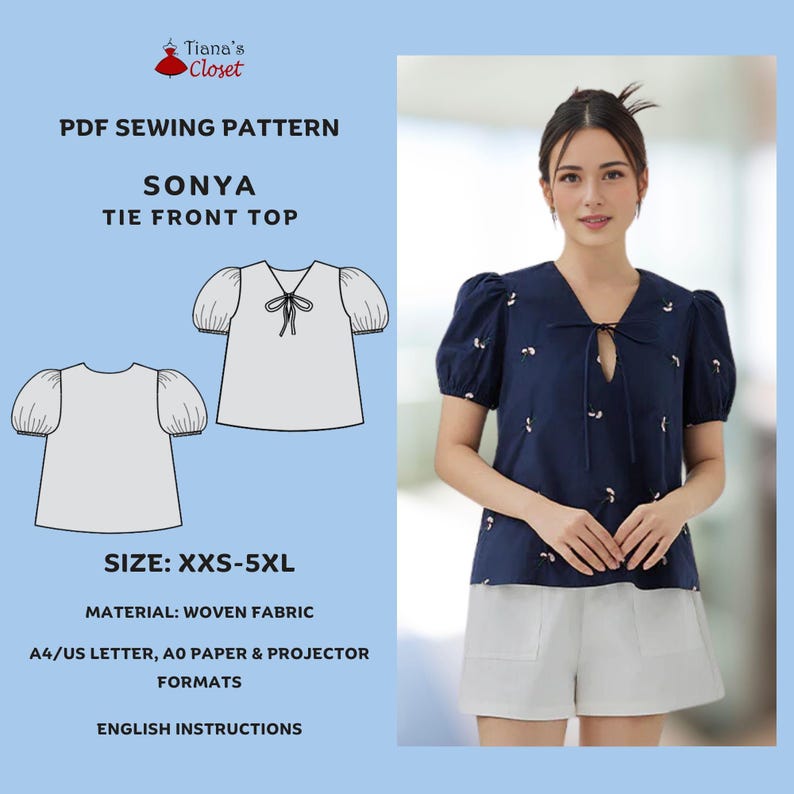 Sonya Puffed Sleeve Tie Front Blouse Sewing Pattern (PDF) - Etsy