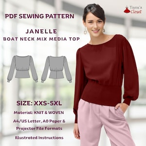 Può includere: Un top bordeaux con scollo a barchetta, maniche lunghe e vita aderente, abbinato a pantaloni rosa. L'immagine presenta anche un'illustrazione del modello di cucito e il testo "PDF SEWING PATTERN JANELLE BOAT NECK MIX MEDIA TOP" e "SIZE: XXS-5XL".