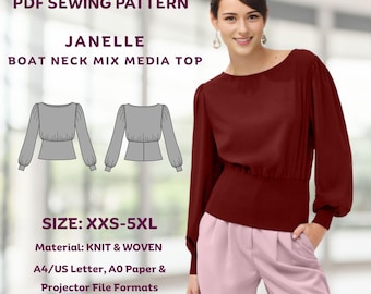 May include: A burgundy boat neck top with long sleeves and a fitted waist, paired with pink pants. The image also features a sewing pattern illustration and text that reads "PDF Sewing Pattern JANELLE BOAT NECK MIX MEDIA TOP" and "SIZE: XXS-5XL".