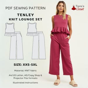 Tenley Knit Lounge Set Sewing Pattern: Ruffle Top & Cropped Pants (PDF Pattern)