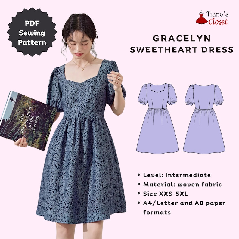 May include: A PDF sewing pattern for a Gracelyn Sweetheart Dress. The pattern is for an intermediate skill level and requires woven fabric. The dress is available in sizes XXS-5XL and the pattern is available in A4/Letter and A0 paper formats.