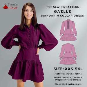 Peut inclure: Une femme porte une robe Gaelle Mandarin Collar de couleur prune. L'image comprend un patron de couture PDF avec des options de taille de XXS à 5XL. Le patron comprend du tissu tissé, A4/US Letter, AO Paper & Projector File Formats et des instructions illustrées.