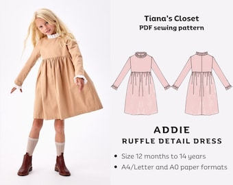 Addie ruffle detail dress - PDF sewing pattern | Digital sewing pattern for girls | Printable sewing pattern | Sewing pattern for children