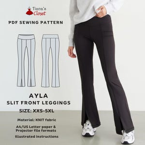 以下が含まれることがあります： 各脚の前側にスリットが入った、黒のニットレギンスの縫製パターンです。パターン名は「Ayla Slit Front Leggings」で、XXS-5XLのサイズ展開です。パターンはA4/USレター用紙とプロジェクターファイル形式に対応しています。パターンにはイラスト付きの説明書が含まれています。