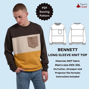 May include: A PDF sewing pattern for a long-sleeve knit top with a pocket. The pattern is available in sizes XXS-5XL and includes instructions. The pattern is for knit fabric and can be printed on A4/Letter or A0 paper.