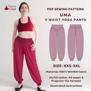 May include: A woman in a burgundy sports bra and V-waist yoga pants. The image shows a PDF sewing pattern for UMA V waist yoga pants, sizes XXS-5XL. The pattern is for knit/woven fabric and includes illustrated instructions.
