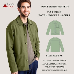 Patrón de costura en PDF para chaqueta ligera Patrick / Patrón digital para hombre / Chaqueta de verano unisex / Talla XXS-5XL / Patrón para proyector de letras A0 A4