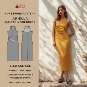 Può includere: Un cartamodello PDF per un abito con scollo halter chiamato "Ariella". Il cartamodello include istruzioni per le taglie XXS-5XL ed è realizzato per tessuto a maglia. Il cartamodello è disponibile nei formati A4/US Letter, A0 e proiettore. Il cartamodello è in inglese.