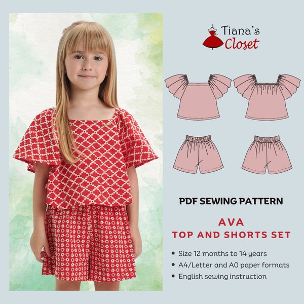 Ensemble haut et short Ava - Patron de couture PDF | Patron de couture numérique pour fille | Patron de couture imprimable | Patron de couture pour enfants