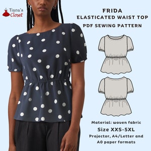 May include: A PDF sewing pattern for a Frida Elasticated Waist Top. The pattern is available in sizes XXS-5XL and includes instructions for printing on A4/Letter and A0 paper formats. The image shows a model wearing a navy blue top with white polka dots.