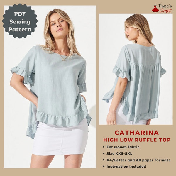 Easy high low ruffle top | Catharina woven top | Digital sewing pattern for women | Printable PDF sewing pattern | Tiana's Closet Patterns