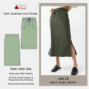 Pode incluir: Um padrão de costura PDF para uma saia midi de malha verde com cintura de cordão e fendas laterais. O padrão inclui instruções e está disponível nos tamanhos XXS-5XL.