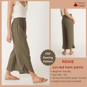 【WOOHWA】CURVE LINE EASY PANTS Roxie Elastic Waist Curved Hem Wide Leg Pants - PDF Sewing
