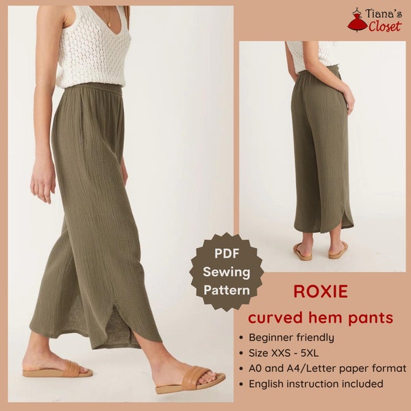 Roxie elastic waist curved hem wide leg pants - PDF sewing pattern | Simple pants sewing pattern for women | Tiana's Closet Sewing Patterns