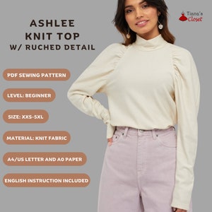 May include: A sewing pattern for a knit top with a ruched detail. The pattern includes instructions for sizes XXS-5XL and is suitable for beginners. The pattern is available in A4/US Letter and A0 paper sizes.
