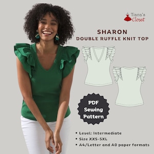 May include: A sewing pattern for a green knit top with double ruffles on the sleeves. The pattern is called "Sharon Double Ruffle Knit Top" and is available in sizes XXS-5XL. The pattern is available in A4/Letter and A0 paper formats.